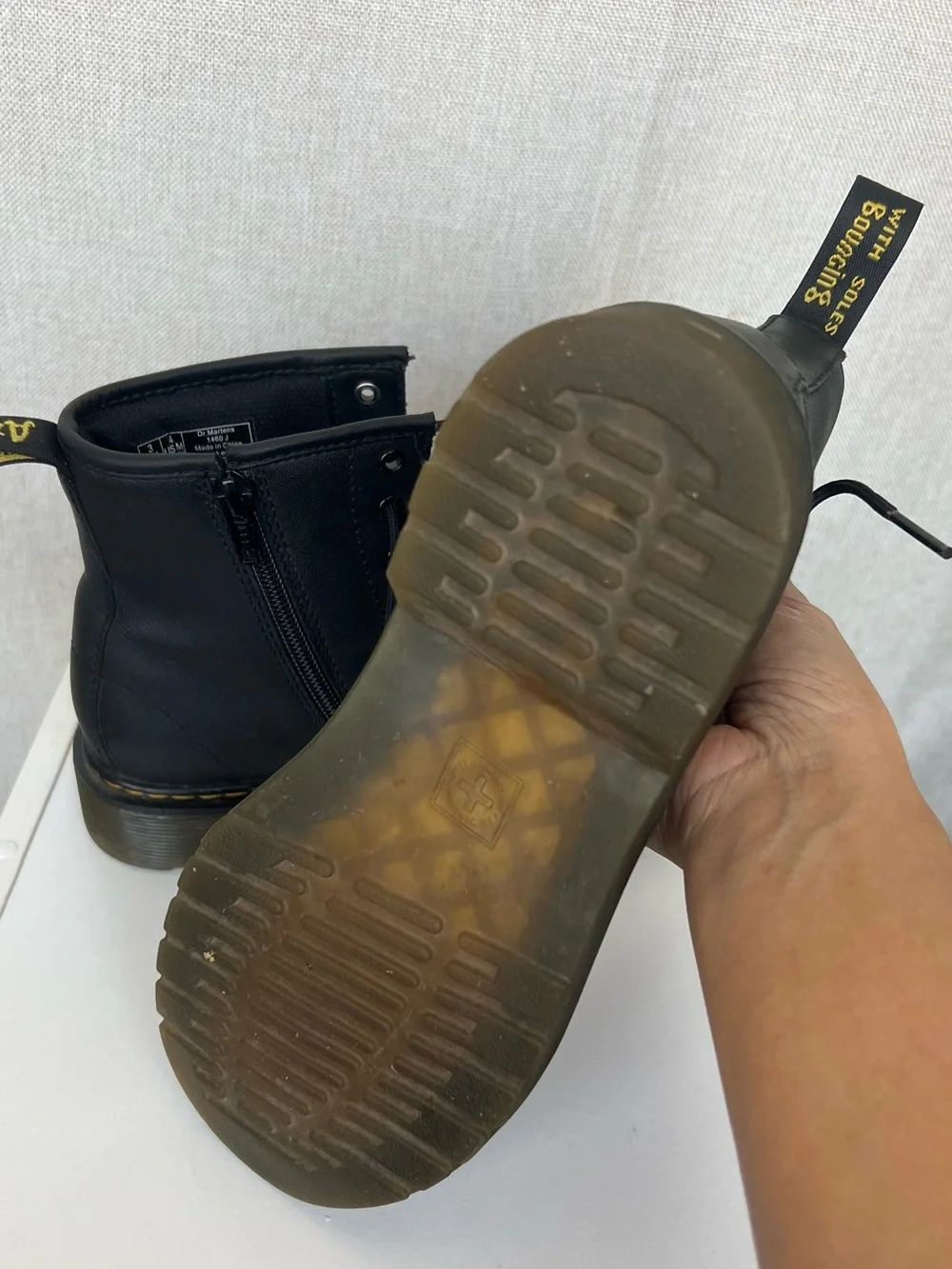 Dr. Martens Black Leather 8-Eye Lace-Up Boots with Yellow Stitching